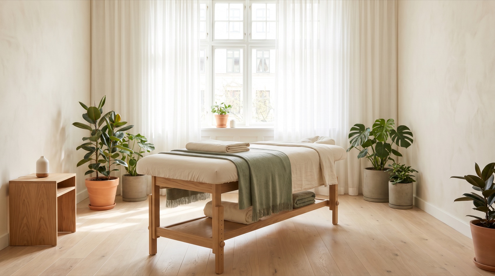 Interior del estudio Cosmic Massage Therapy con camilla, madera clara y luz tenue