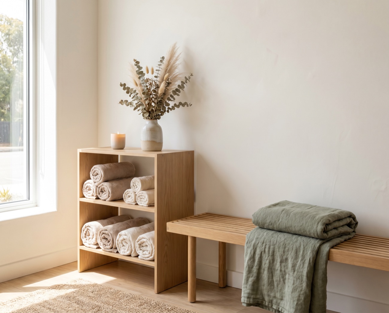 Rincón del estudio con madera clara, plantas y textiles naturales